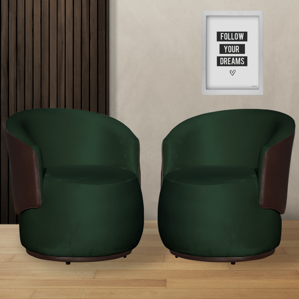 Kit 02 Poltronas Orgânico Beatriz Veludo Verde Com Composê Corino Marrom