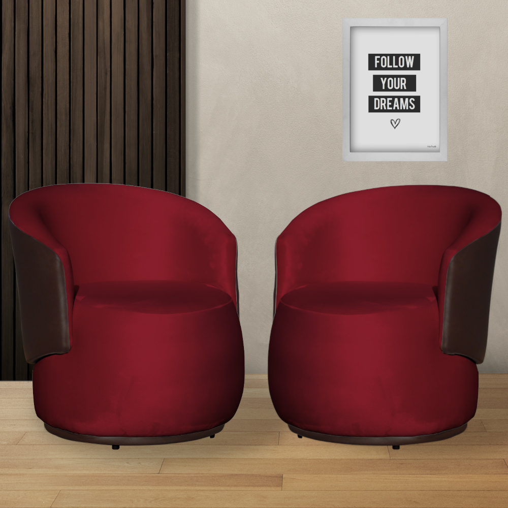 Kit 02 Poltronas Orgânico Beatriz Veludo Vermelho Com Composê Corino Marrom