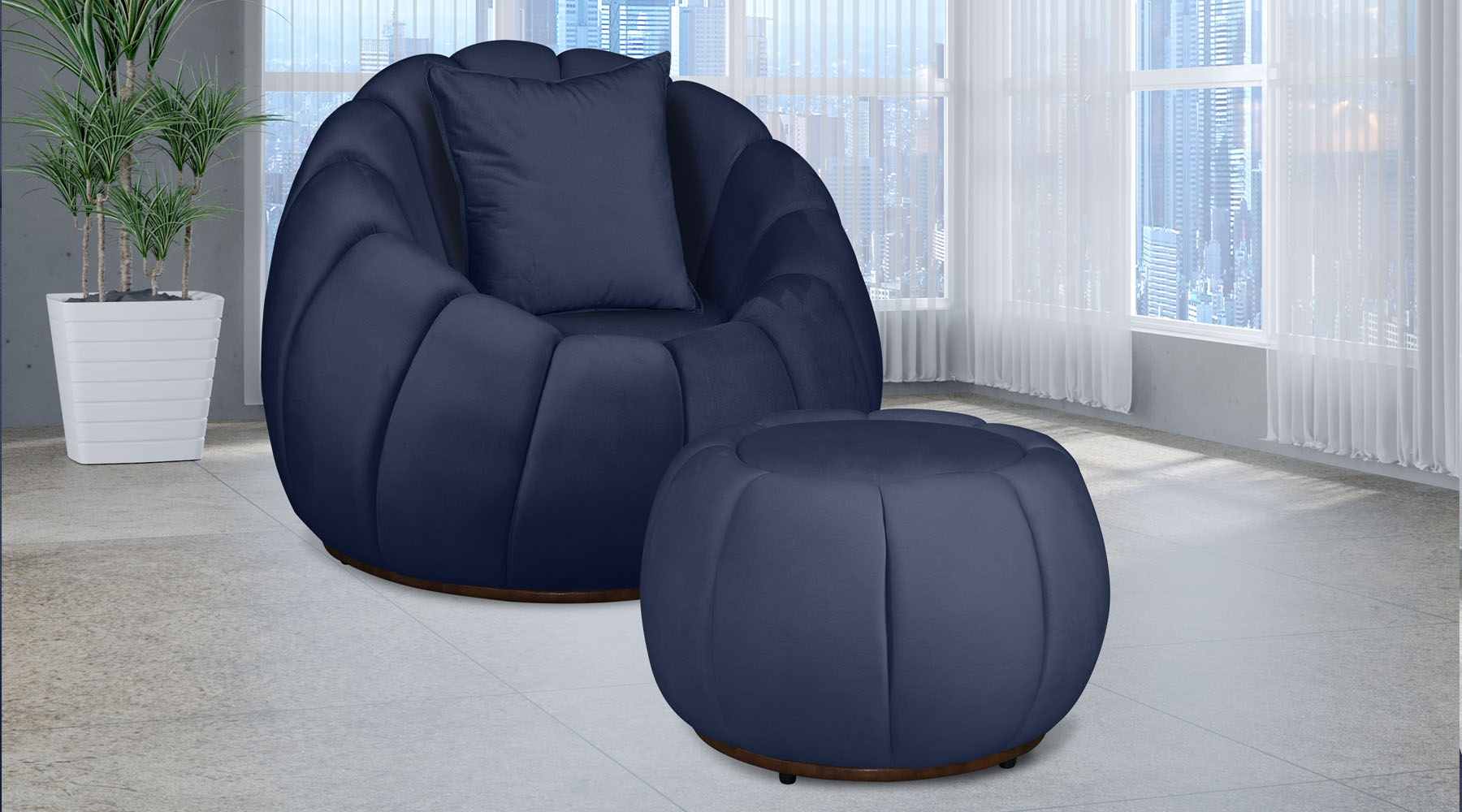 Kit Poltrona Giratória Mais Puff e Almofada Concha Veludo Azul Marinho - Estopar
