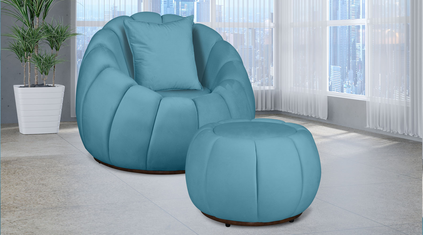 Kit Poltrona Giratória Mais Puff e Almofada Concha Veludo Azul Turquesa - Estopar