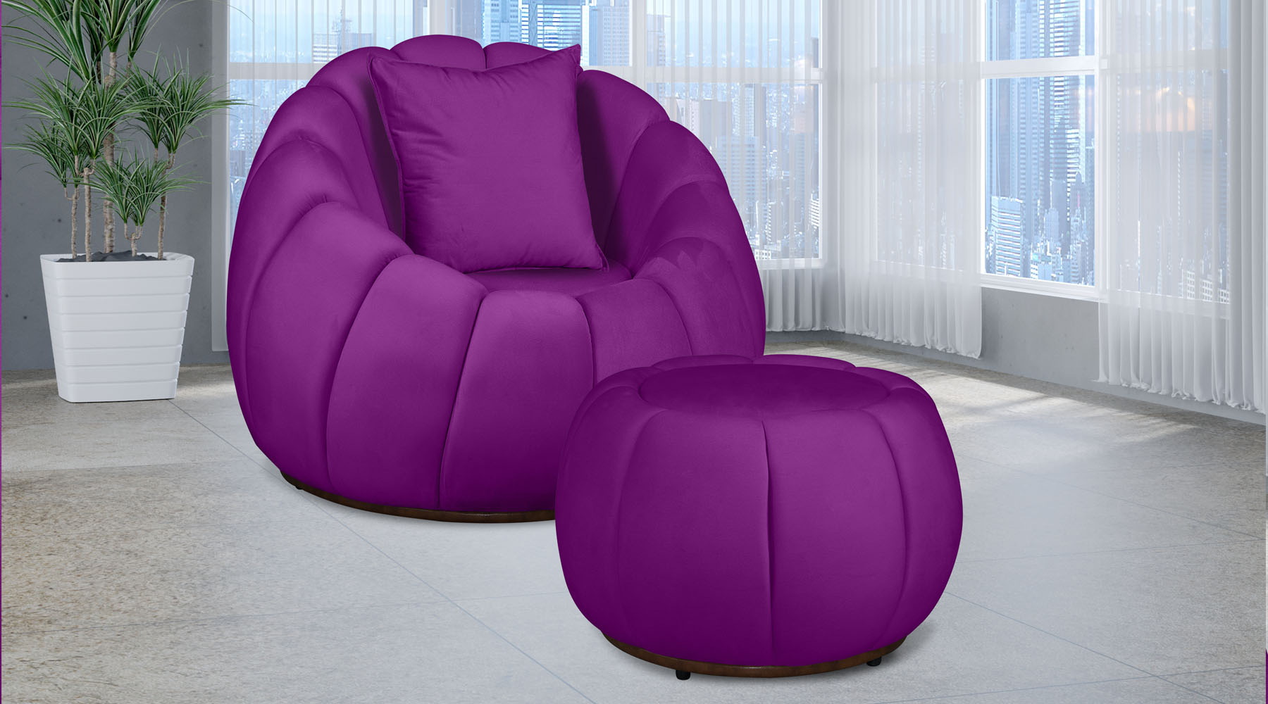 Kit Poltrona Giratória Mais Puff e Almofada Concha Veludo Roxo - Estopar