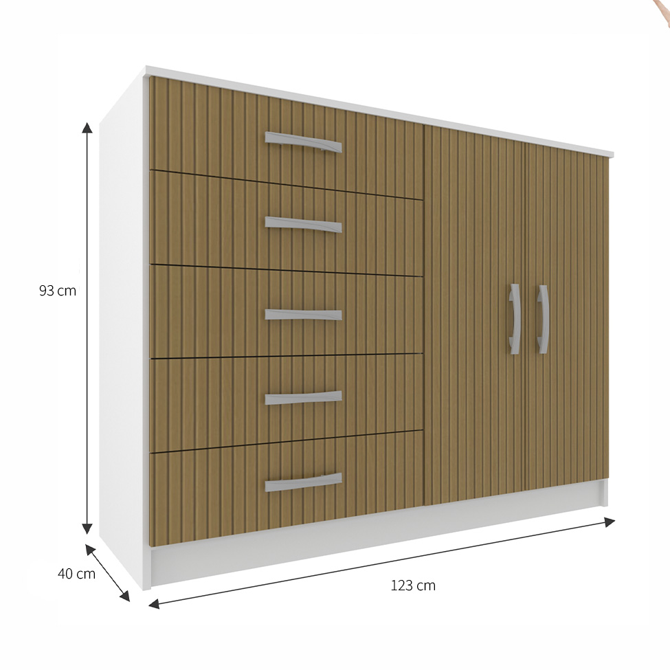 Cômoda Austin 2 Portas 5 Gavetas Marrom Claro e Branca