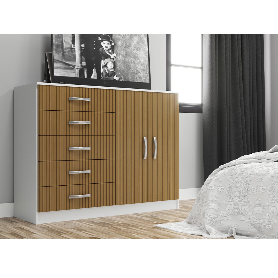 Cômoda Austin 2 Portas 5 Gavetas Marrom Claro e Branca