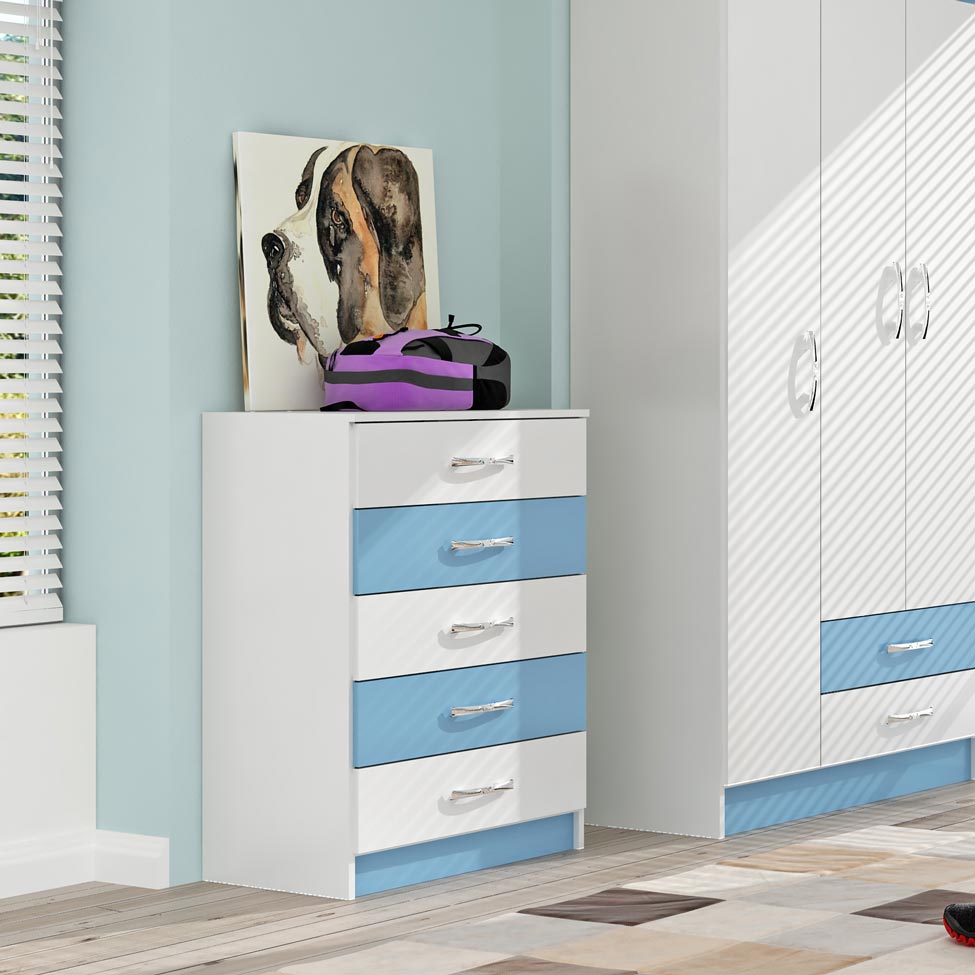 Cômoda Hermes 5 Gavetas Azul e Branca Evidência