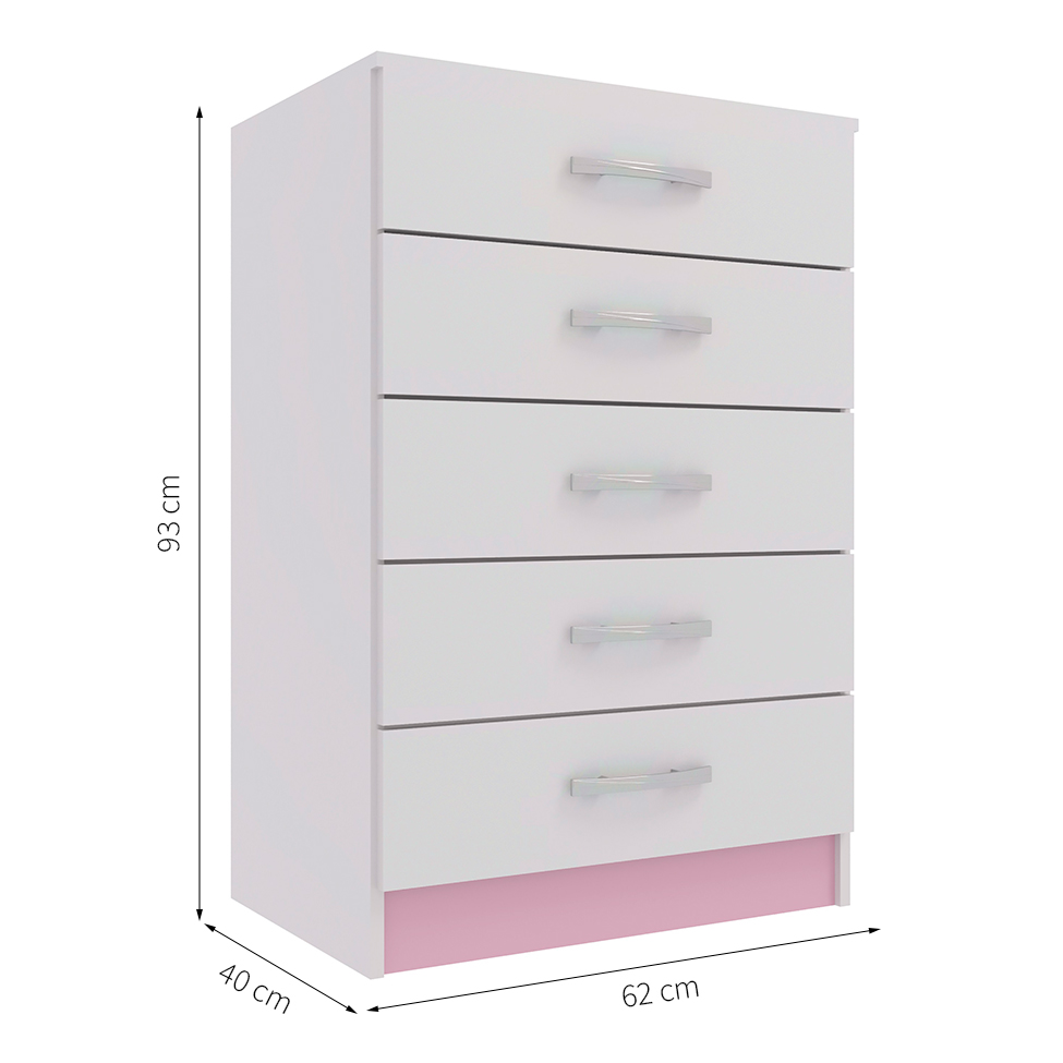 Cômoda Lídia 5 Gavetas Rosa e Branca Evidência