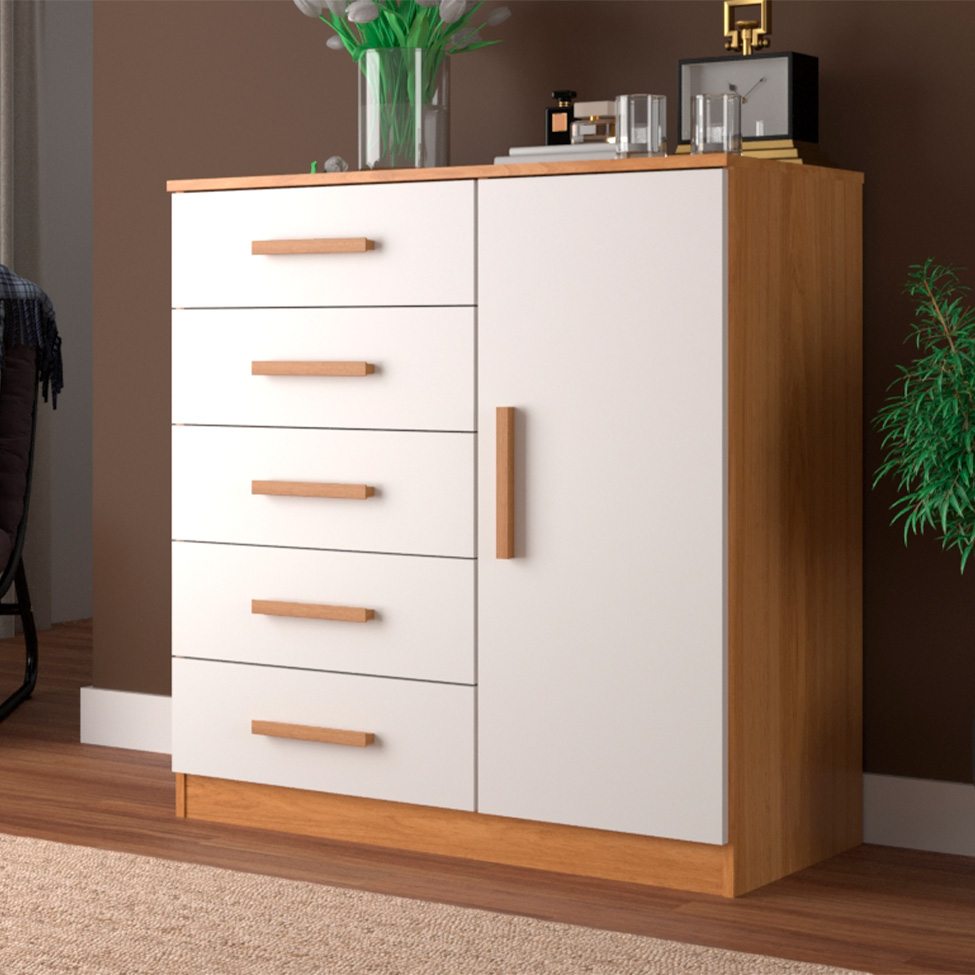 Cômoda Sapateira New Monaco 1 Porta 5 Gavetas Cinnamomo e Branca