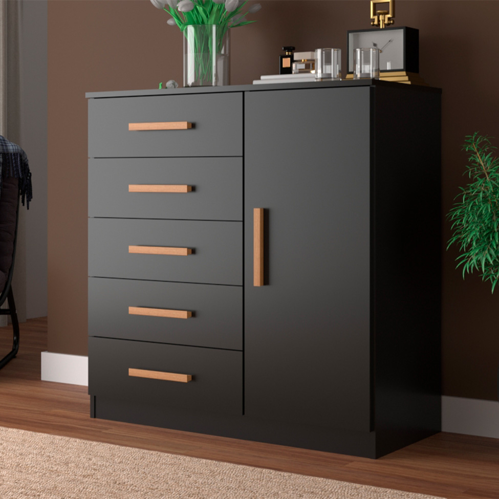 Cômoda Sapateira New Monaco 1 Porta 5 Gavetas Preta