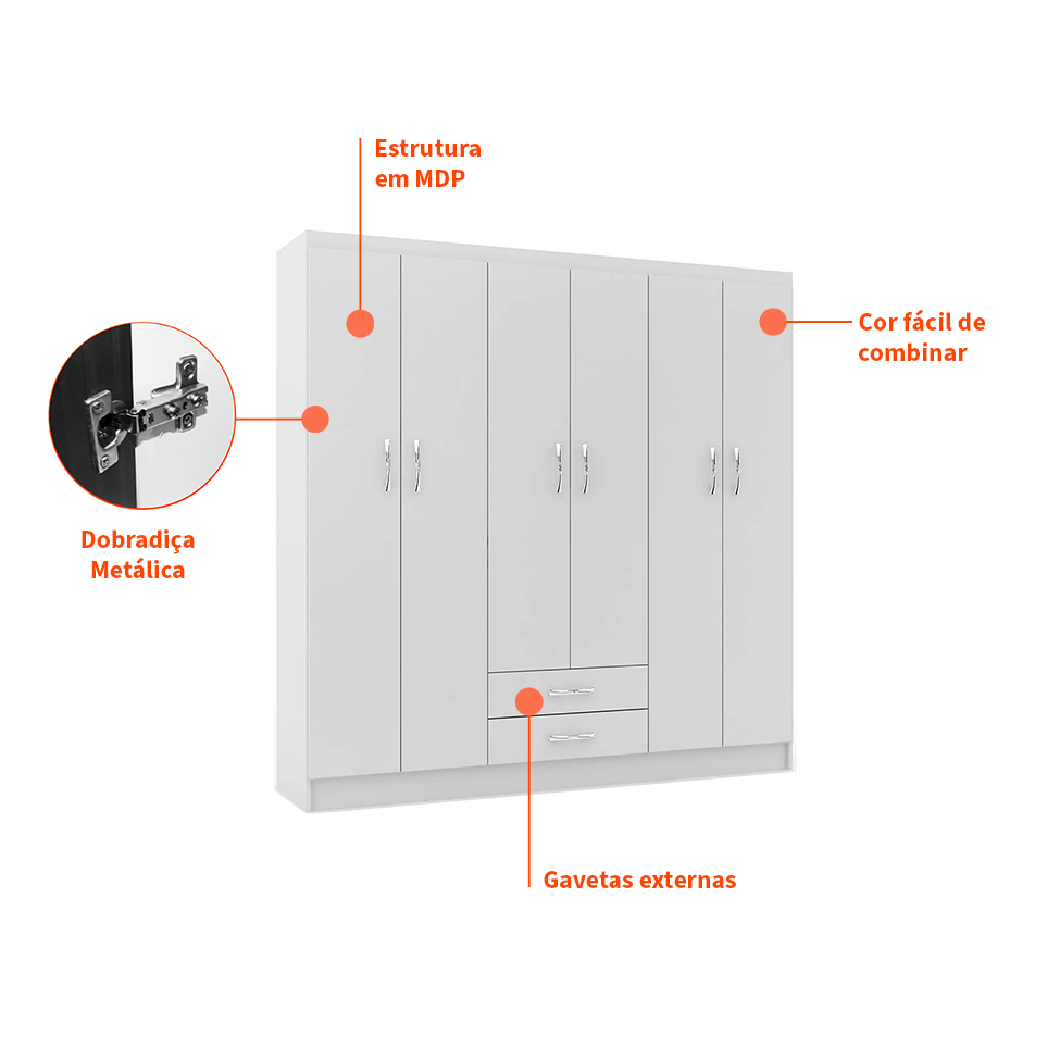 Guarda-Roupa Casal Atalaia 6 Portas 2 Gavetas Branco