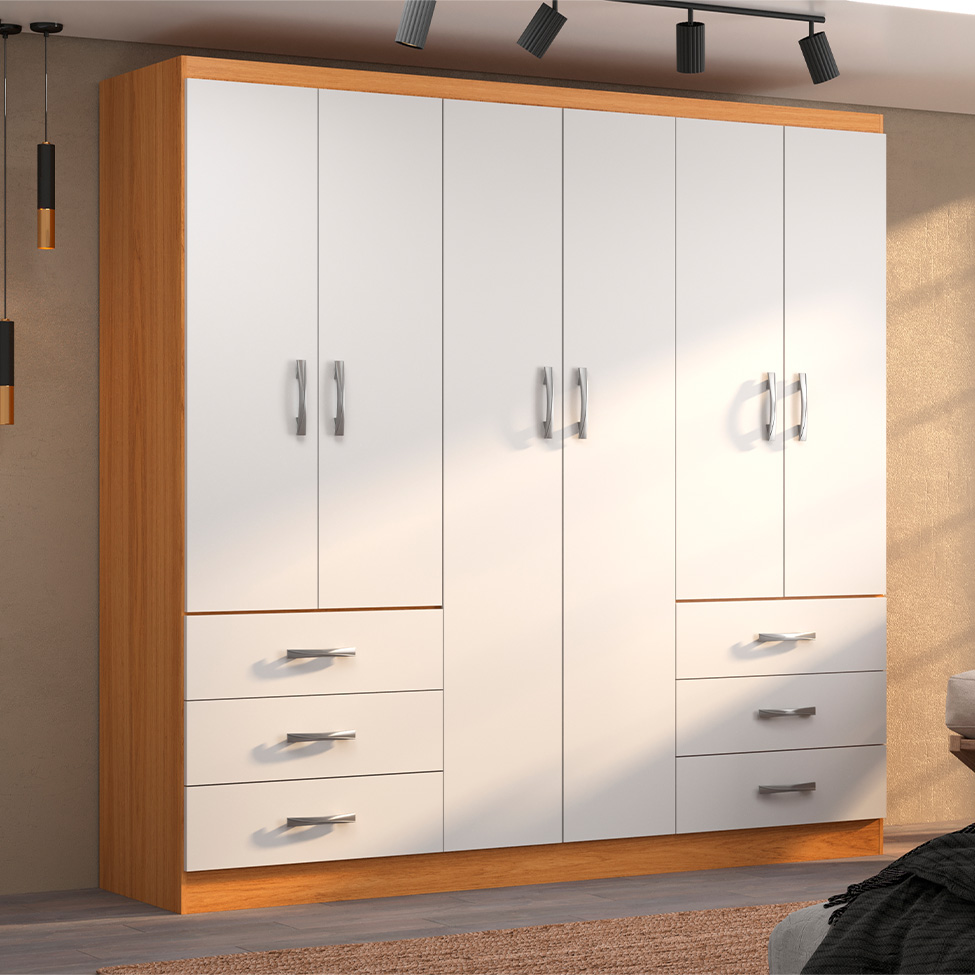 Guarda-Roupa Casal New Encante 6 Portas 6 Gavetas Cinnamomo e Branco