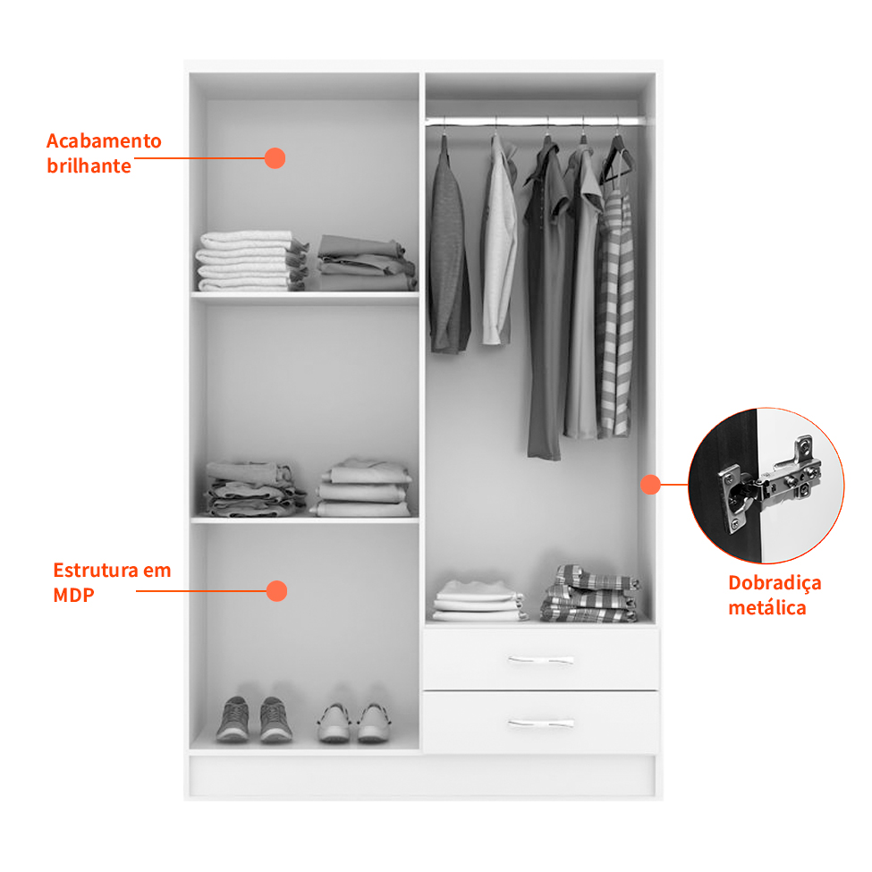 Guarda-Roupa Solteiro Atalaia 4PT 2GV Branco