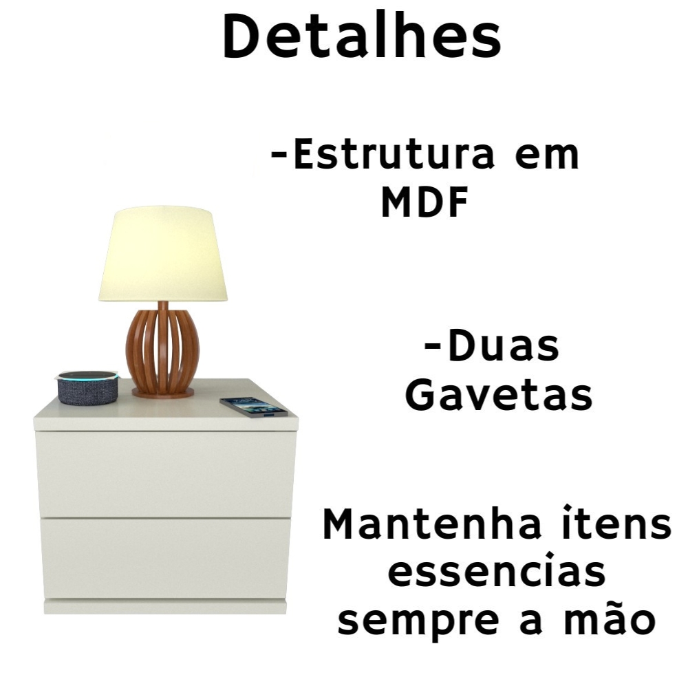 Kit 2 Mesas de Cabeceira 2 Gavetas 30 cm MDF Branco