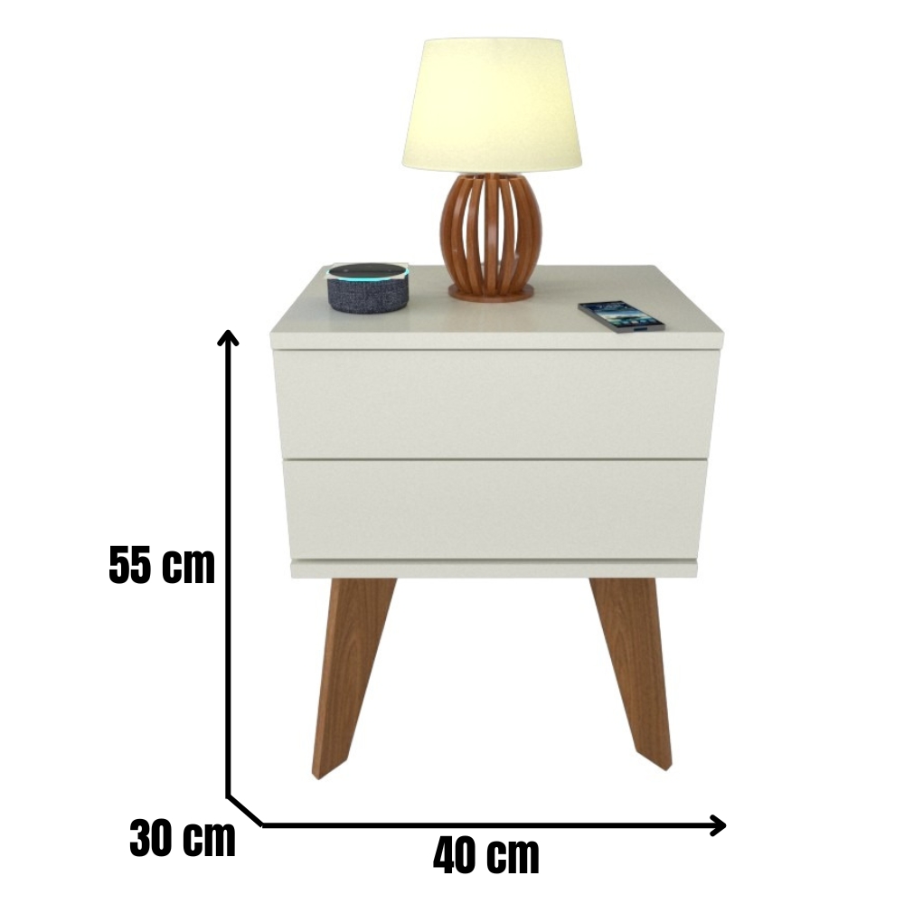 Kit 2 Mesas de Cabeceira 2 Gavetas 40 cm MDF Branco com Pés
