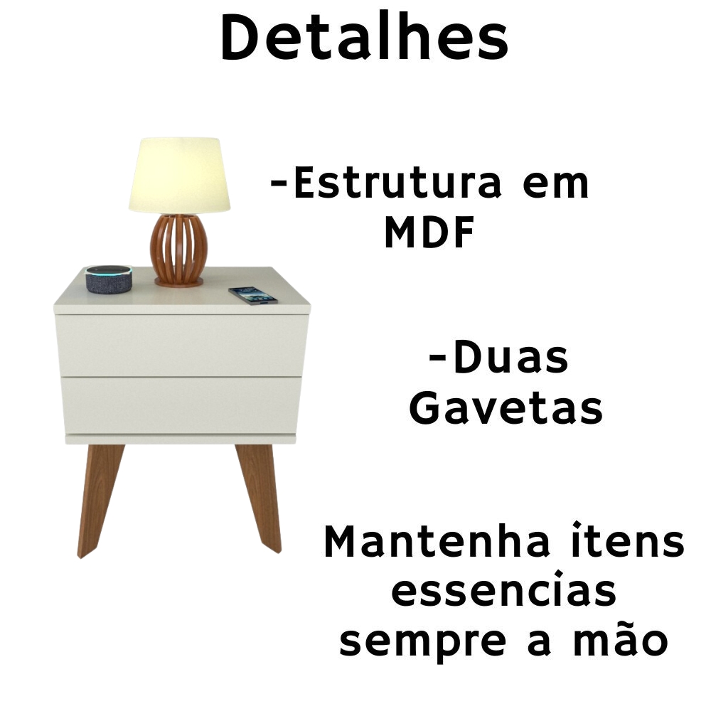 Kit 2 Mesas de Cabeceira 2 Gavetas 40 cm MDF Branco com Pés