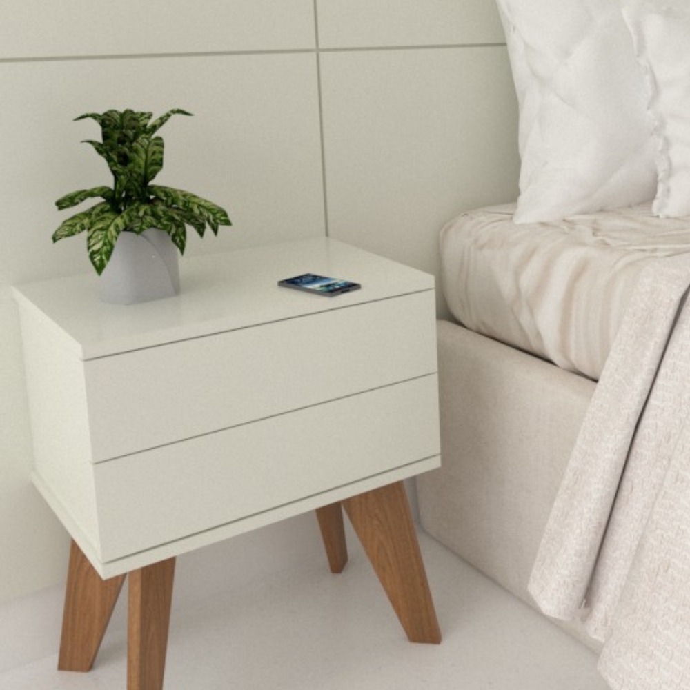 Kit 2 Mesas de Cabeceira 2 Gavetas 40 cm MDF Branco com Pés