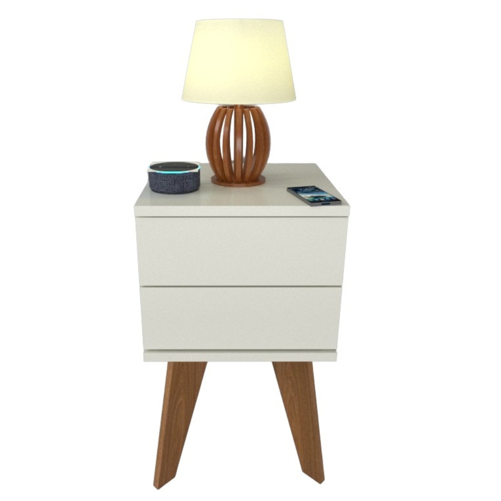Mesa de Cabeceira 2 Gavetas 30 cm MDF Branco com Pés
