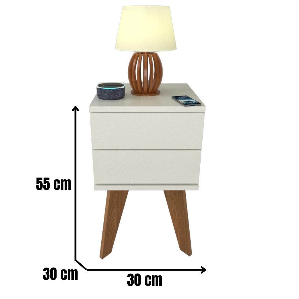 Mesa de Cabeceira 2 Gavetas 30 cm MDF Branco com Pés