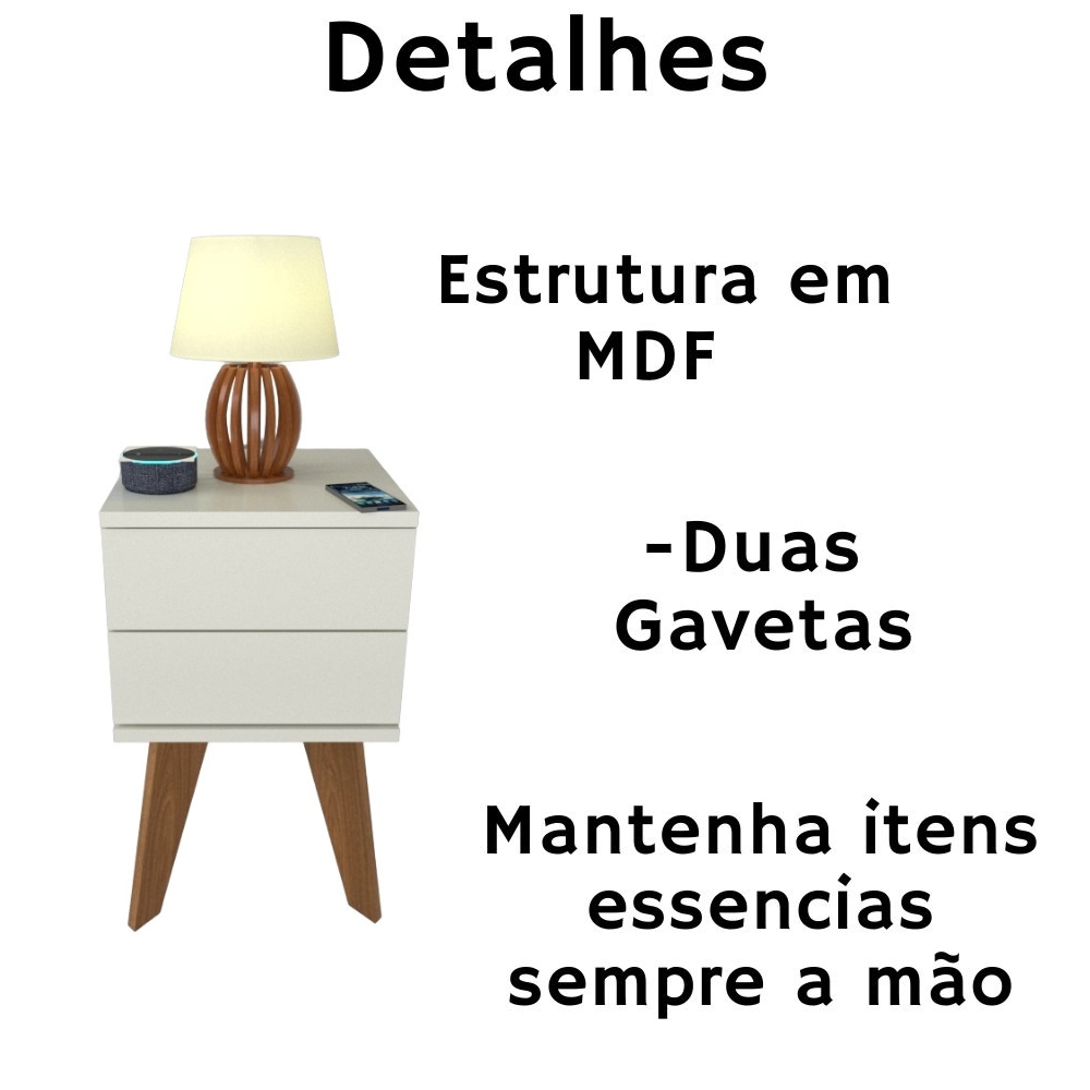 Mesa de Cabeceira 2 Gavetas 30 cm MDF Branco com Pés