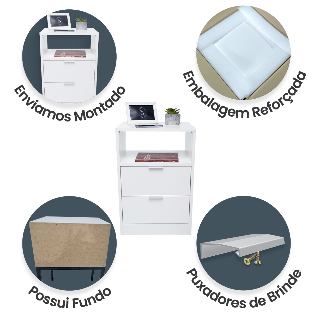 Kit 2 Mesas De Cabeceira 40cm Branco Com 2 Gavetas E 1 Nicho Feita Em Mdf Para Quarto Lateral Da Cama E Escritório