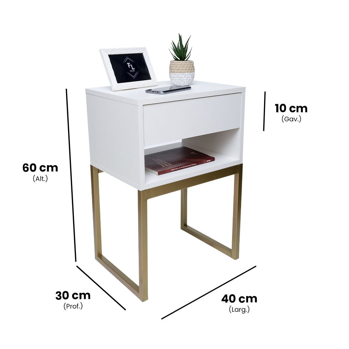Kit 2 Mesas De Cabeceira 40cm Branco Eco Industrial 1 Gaveta E 1 Nicho Base Ferro Dourada Para Lateral Da Cama