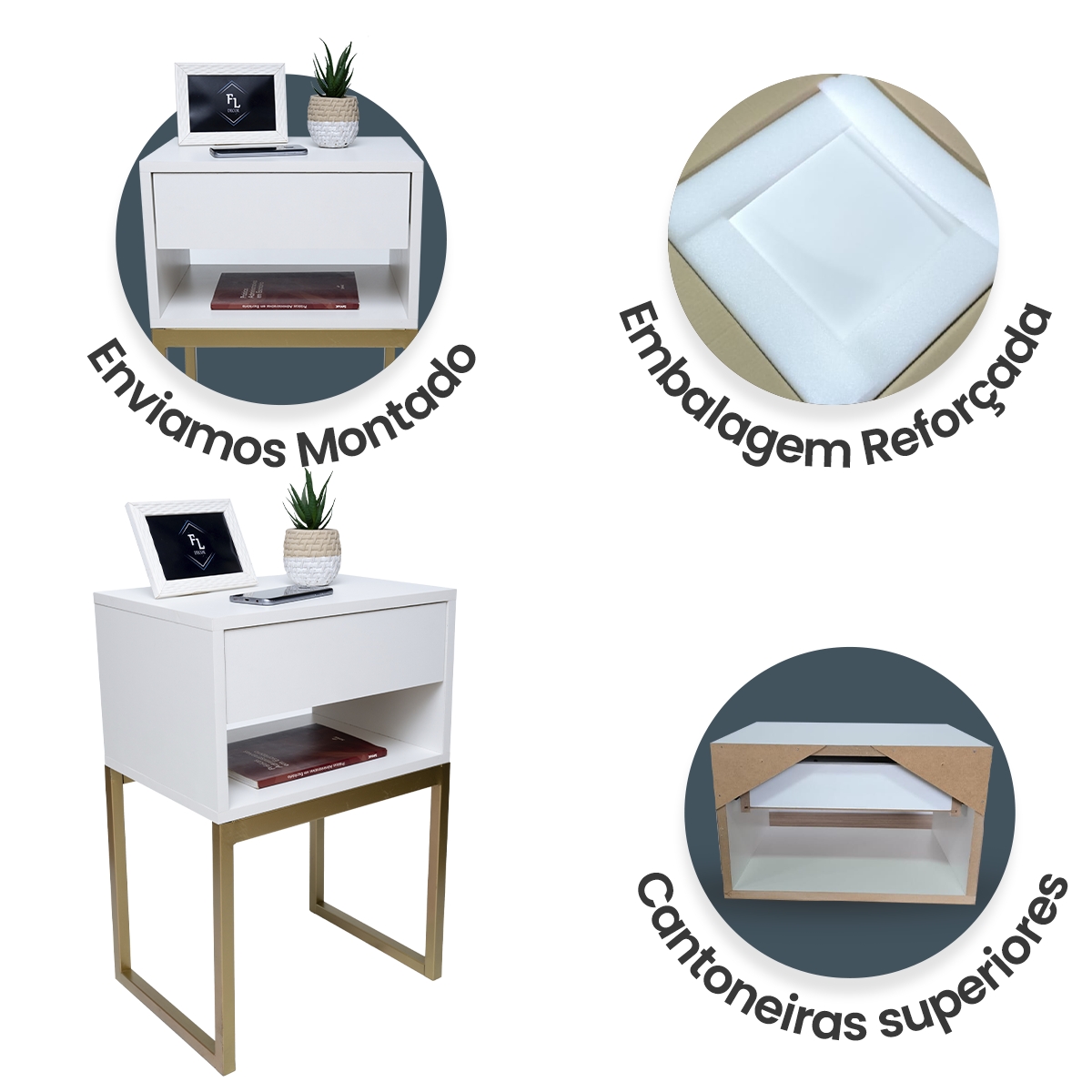 Kit 2 Mesas De Cabeceira 40cm Branco Eco Industrial 1 Gaveta E 1 Nicho Base Ferro Dourada Para Lateral Da Cama