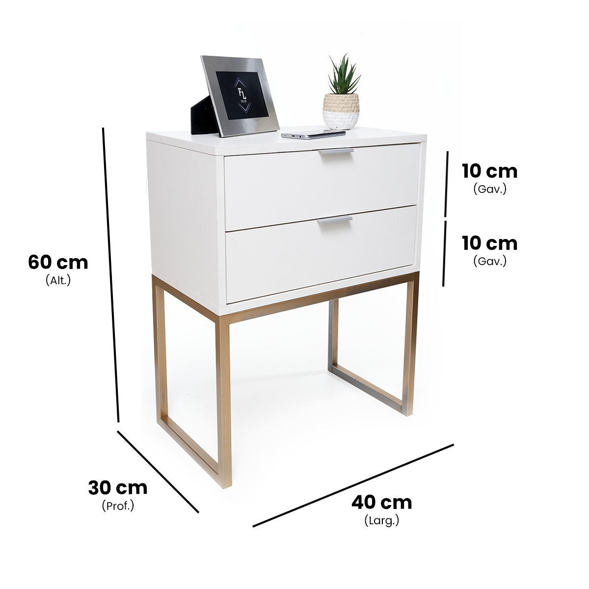 Kit 2 Mesas De Cabeceira Branca 40cm Eco Industrial 2 Gavetas Base De Ferro Dourada Para Quarto Lateral Da Cama Fl Decor