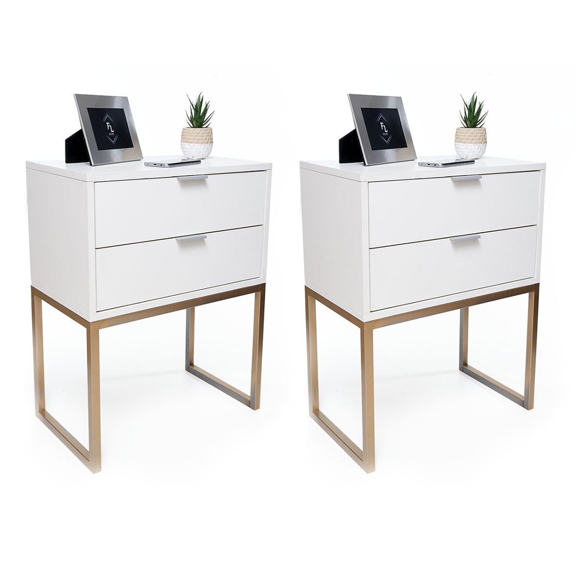 Kit 2 Mesas De Cabeceira Branca 40cm Eco Industrial 2 Gavetas Base De Ferro Dourada Para Quarto Lateral Da Cama Fl Decor