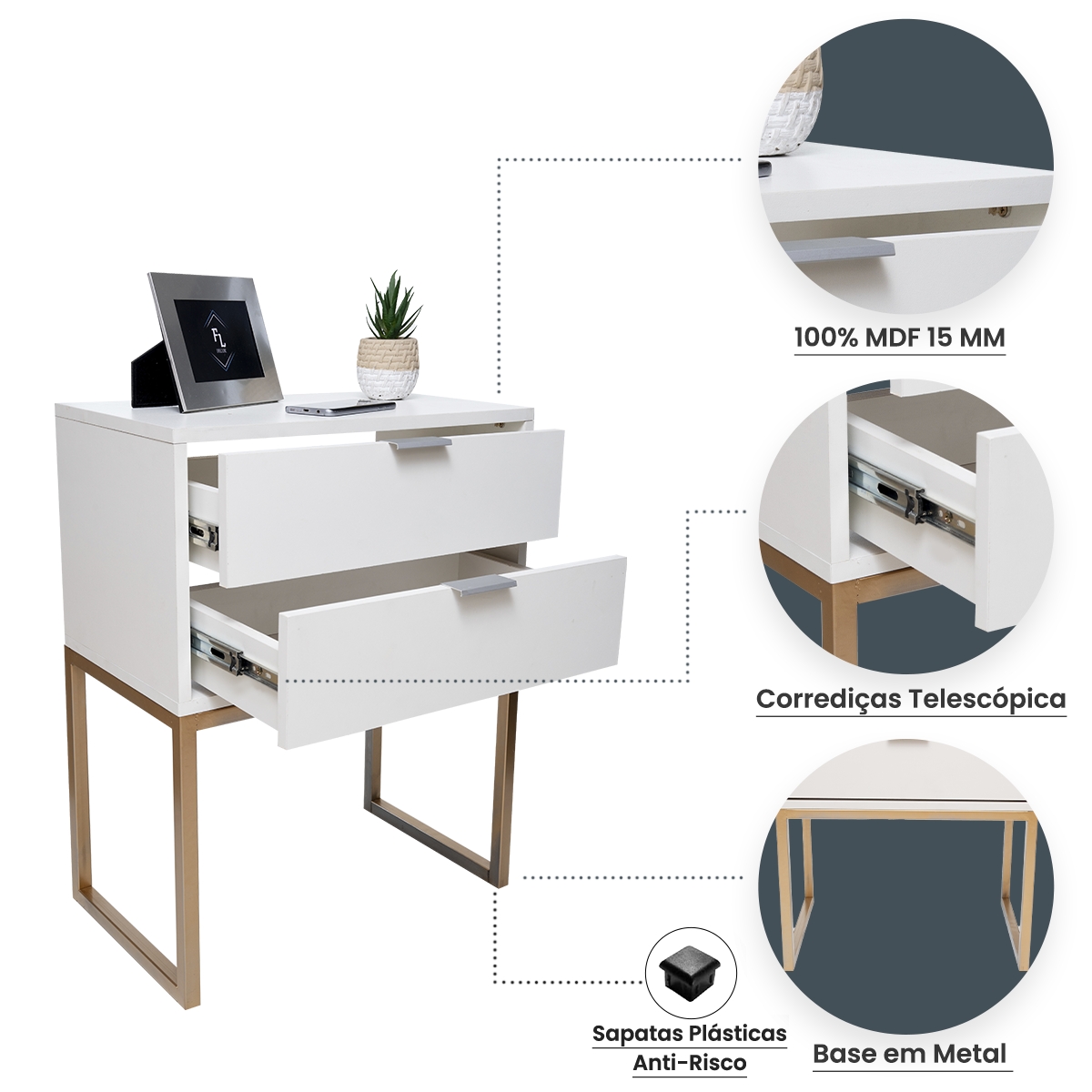 Kit 2 Mesas De Cabeceira Branca 40cm Eco Industrial 2 Gavetas Base De Ferro Dourada Para Quarto Lateral Da Cama Fl Decor