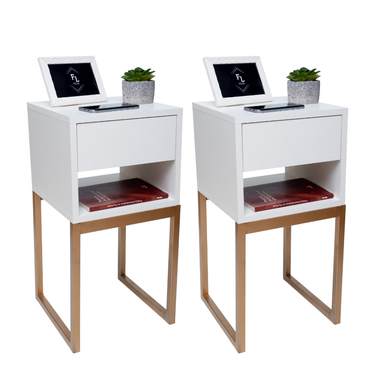 Kit Duas Mesas De Cabeceira 30cm Branco Eco Industrial 1 Gaveta E 1 Nicho Com Base De Metal Dourada Para Lateral Da Cama Fl Decor