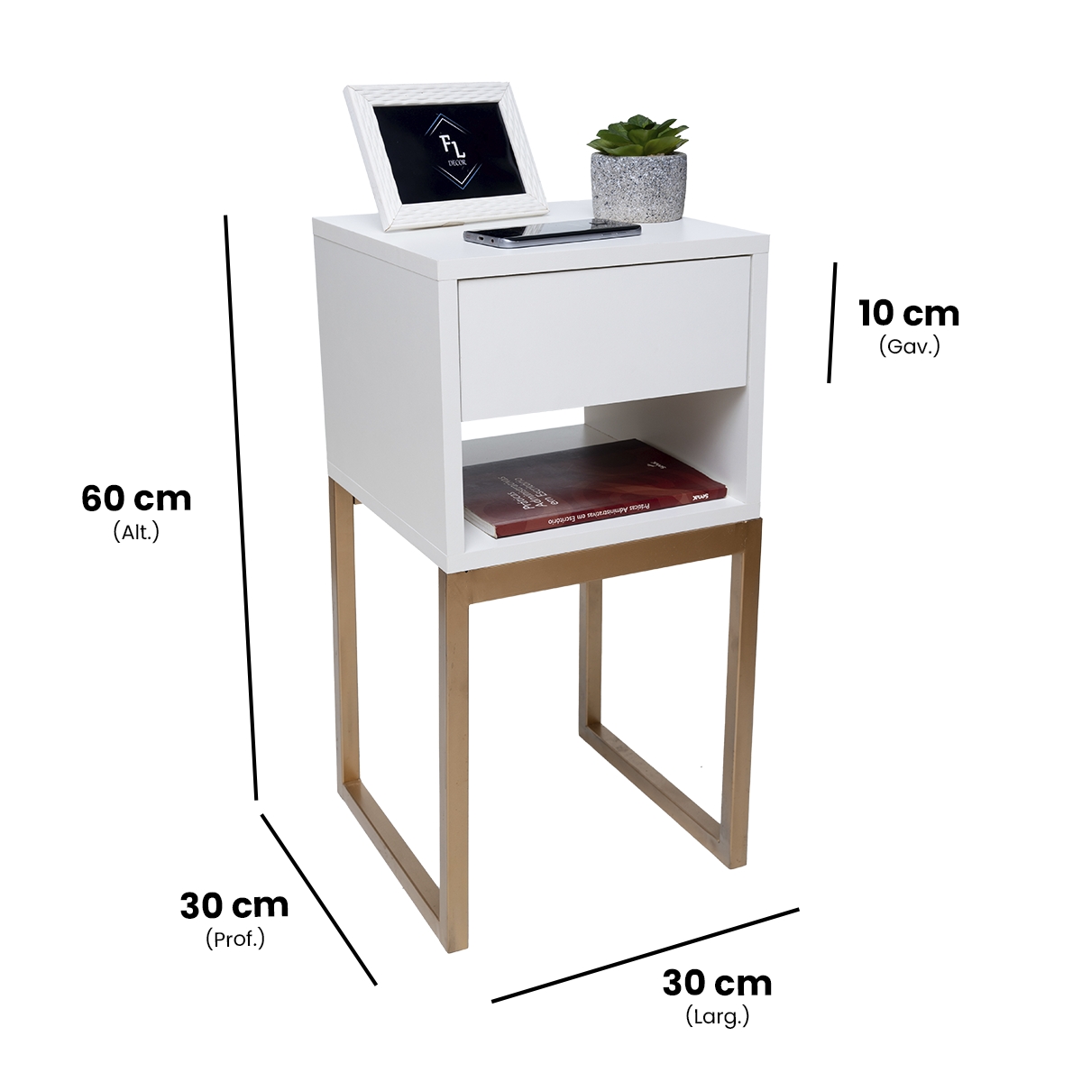 Kit Duas Mesas De Cabeceira 30cm Branco Eco Industrial 1 Gaveta E 1 Nicho Com Base De Metal Dourada Para Lateral Da Cama Fl Decor