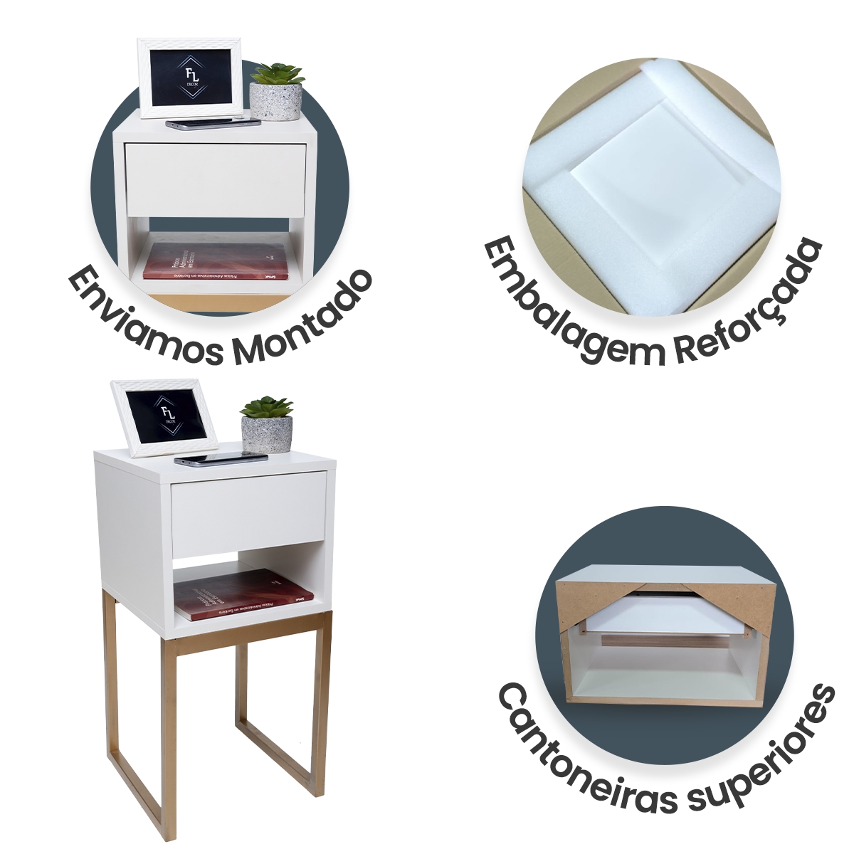 Kit Duas Mesas De Cabeceira 30cm Branco Eco Industrial 1 Gaveta E 1 Nicho Com Base De Metal Dourada Para Lateral Da Cama Fl Decor