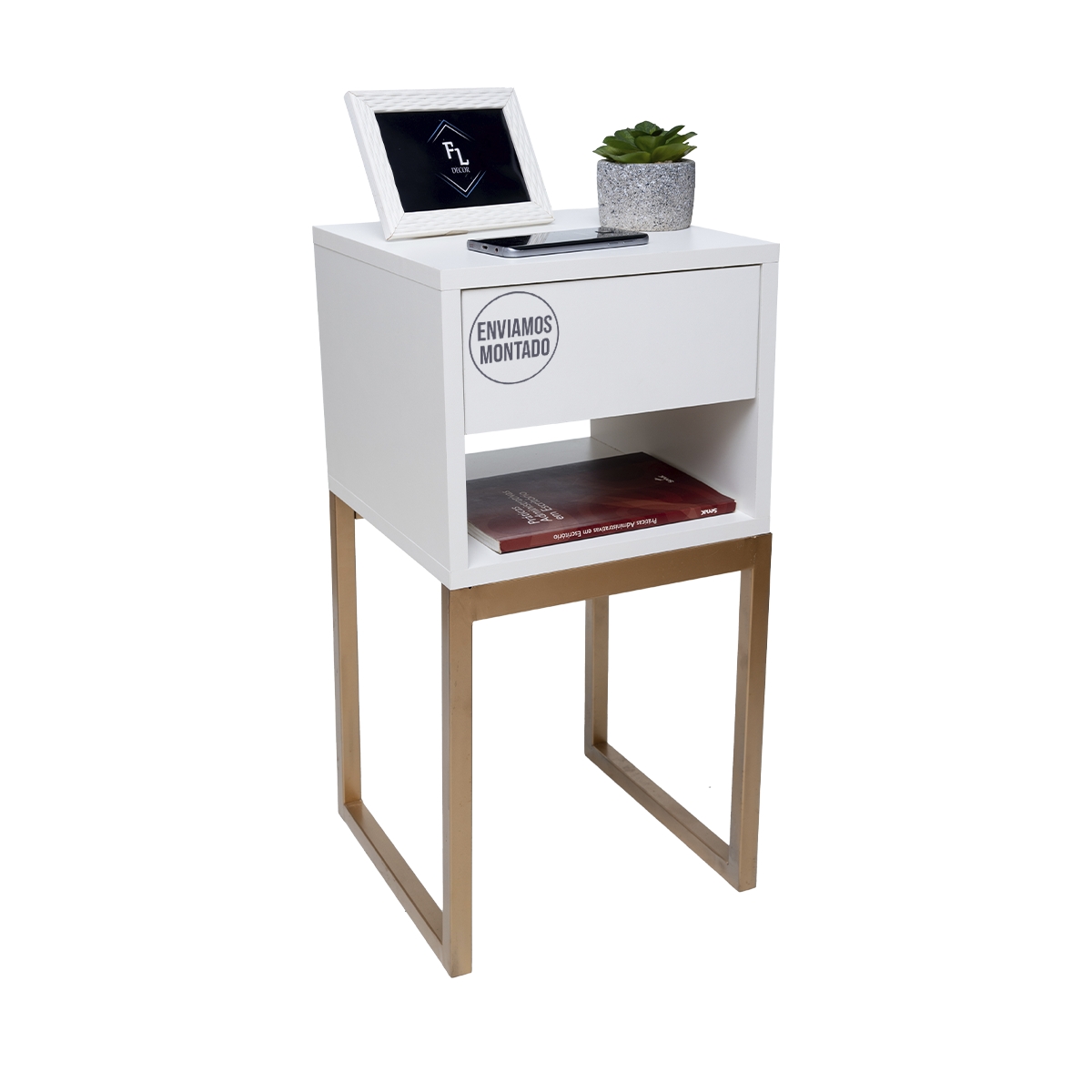 Kit Duas Mesas De Cabeceira 30cm Branco Eco Industrial 1 Gaveta E 1 Nicho Com Base De Metal Dourada Para Lateral Da Cama Fl Decor
