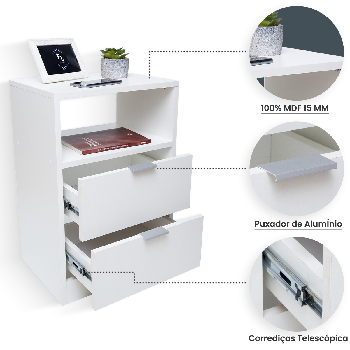 Mesa De Cabeceira 40cm Branca Com 1 Nicho E 2 Gavetas Para Lateral De Cama E Escritório