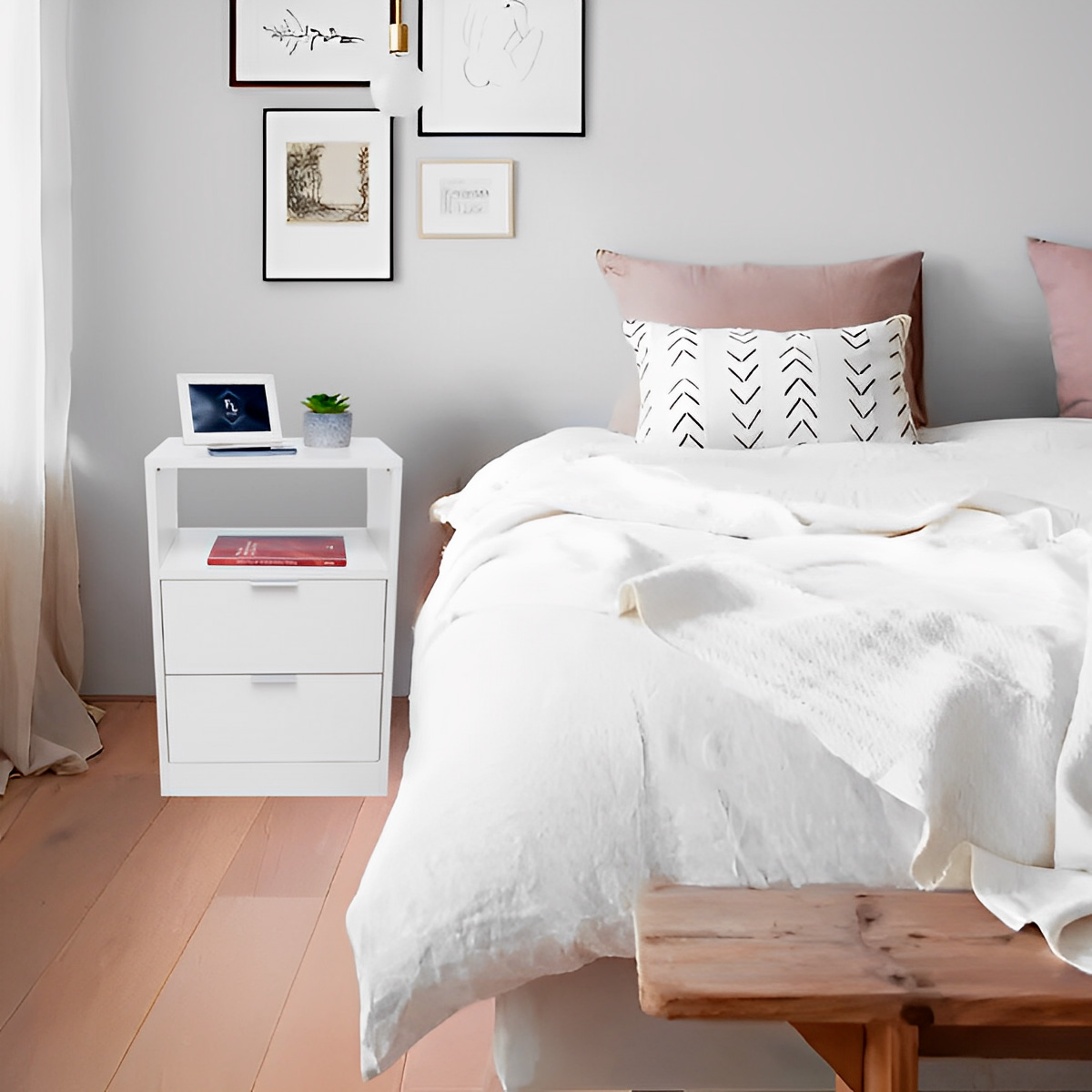 Mesa De Cabeceira 40cm Branca Com 1 Nicho E 2 Gavetas Para Lateral De Cama E Escritório