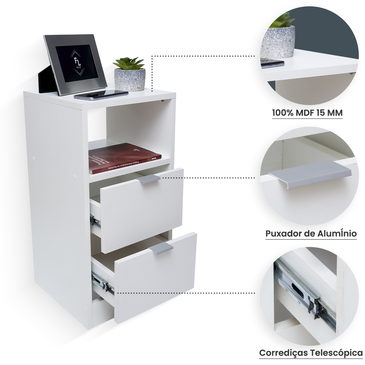 Mesa De Cabeceira Branca 30cm Com 2 Gavetas E 1 Nicho Para Quarto Escritório Lateral Da Cama
