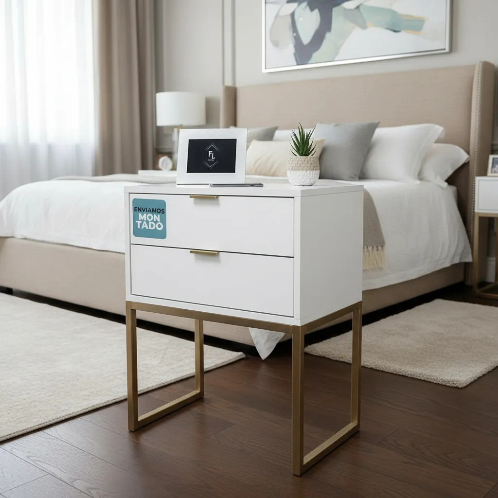 Mesa De Cabeceira Industrial 40cm Branco 2 Gavetas Com Base Metal Dourada Para Quarto Lateral Da Cama