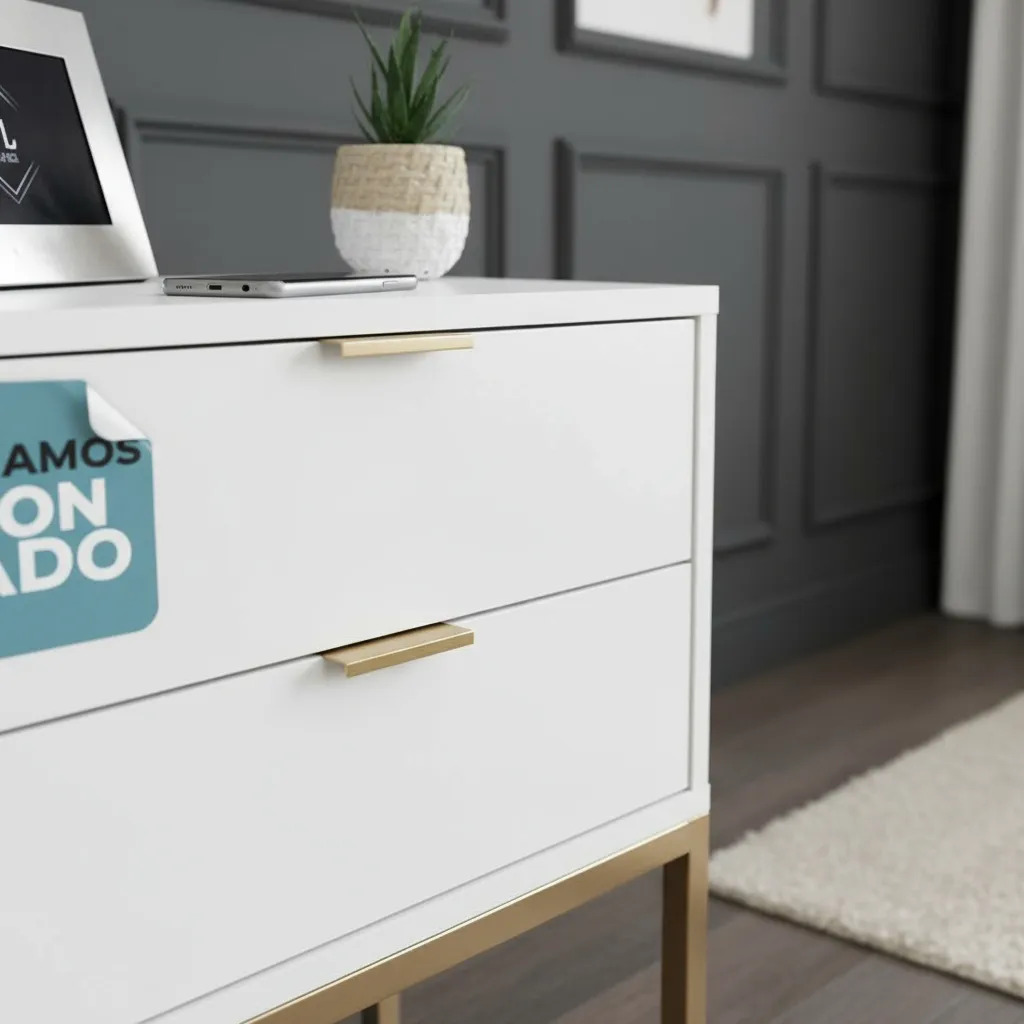 Mesa De Cabeceira Industrial 40cm Branco 2 Gavetas Com Base Metal Dourada Para Quarto Lateral Da Cama