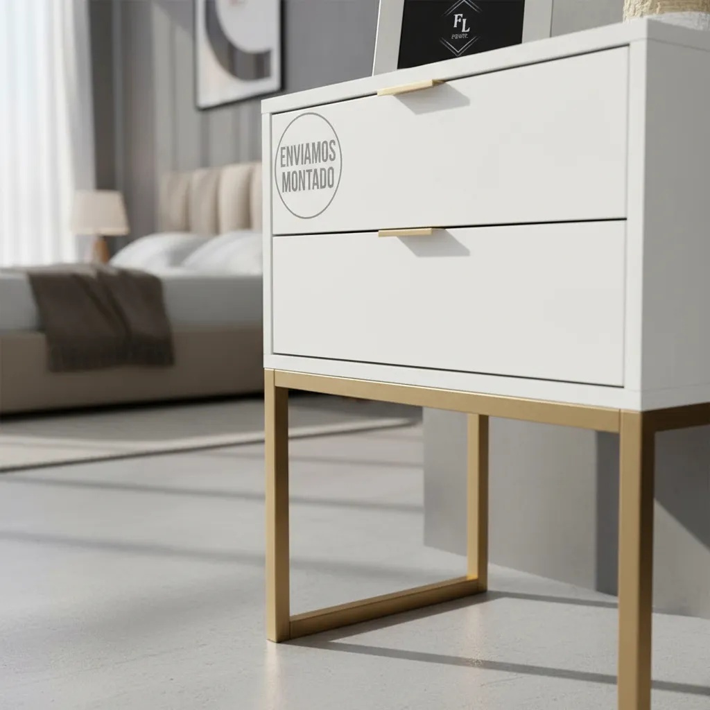 Mesa De Cabeceira Industrial 40cm Branco 2 Gavetas Com Base Metal Dourada Para Quarto Lateral Da Cama