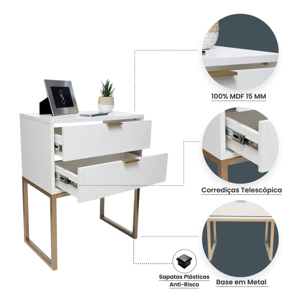 Mesa De Cabeceira Industrial 40cm Branco 2 Gavetas Com Base Metal Dourada Para Quarto Lateral Da Cama