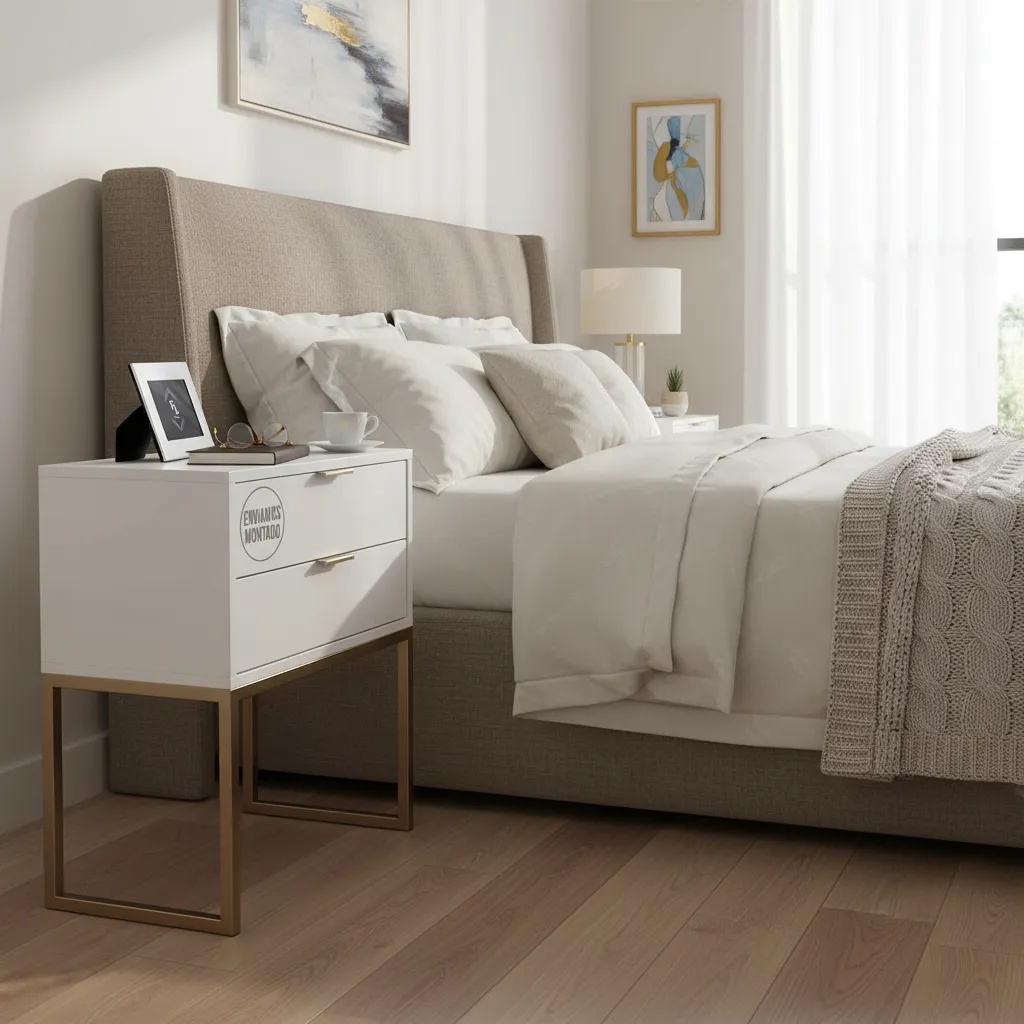 Mesa De Cabeceira Industrial 40cm Branco 2 Gavetas Com Base Metal Dourada Para Quarto Lateral Da Cama