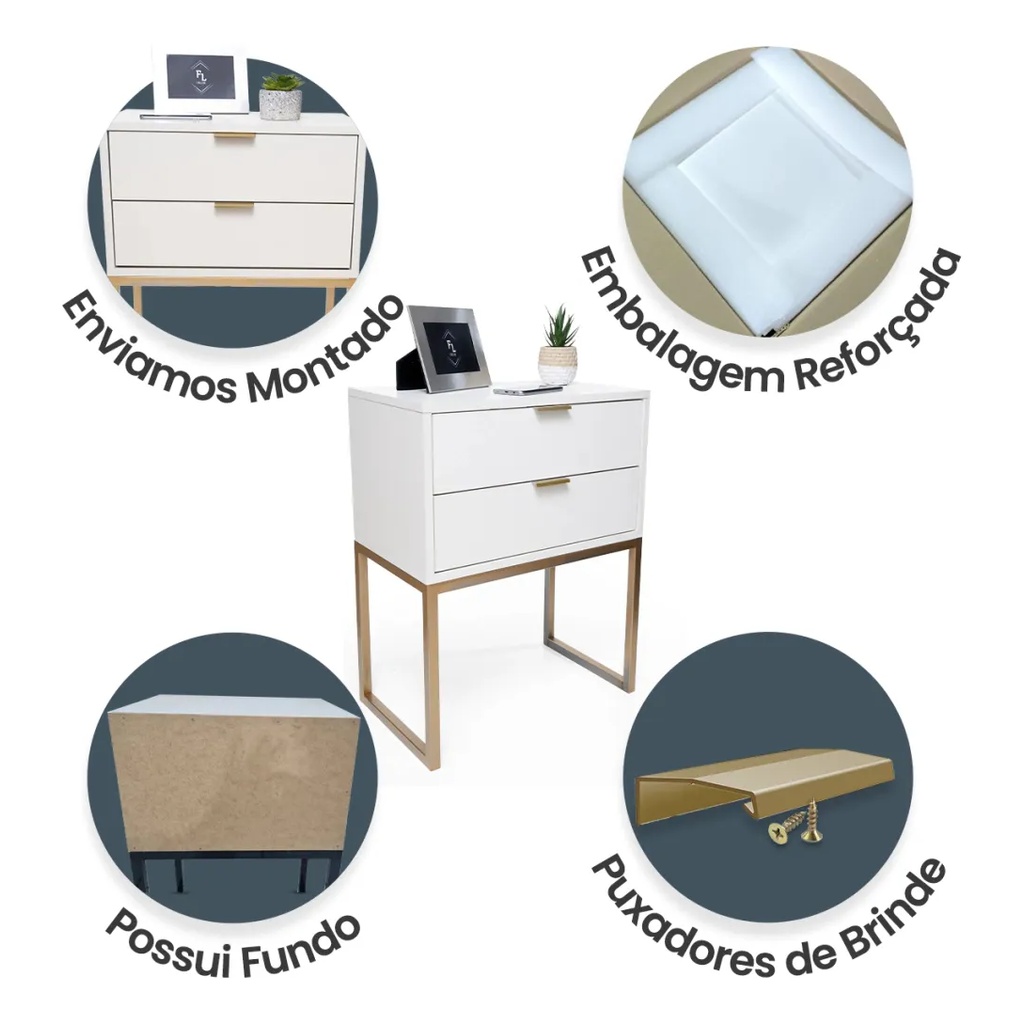 Mesa De Cabeceira Industrial 40cm Branco 2 Gavetas Com Base Metal Dourada Para Quarto Lateral Da Cama