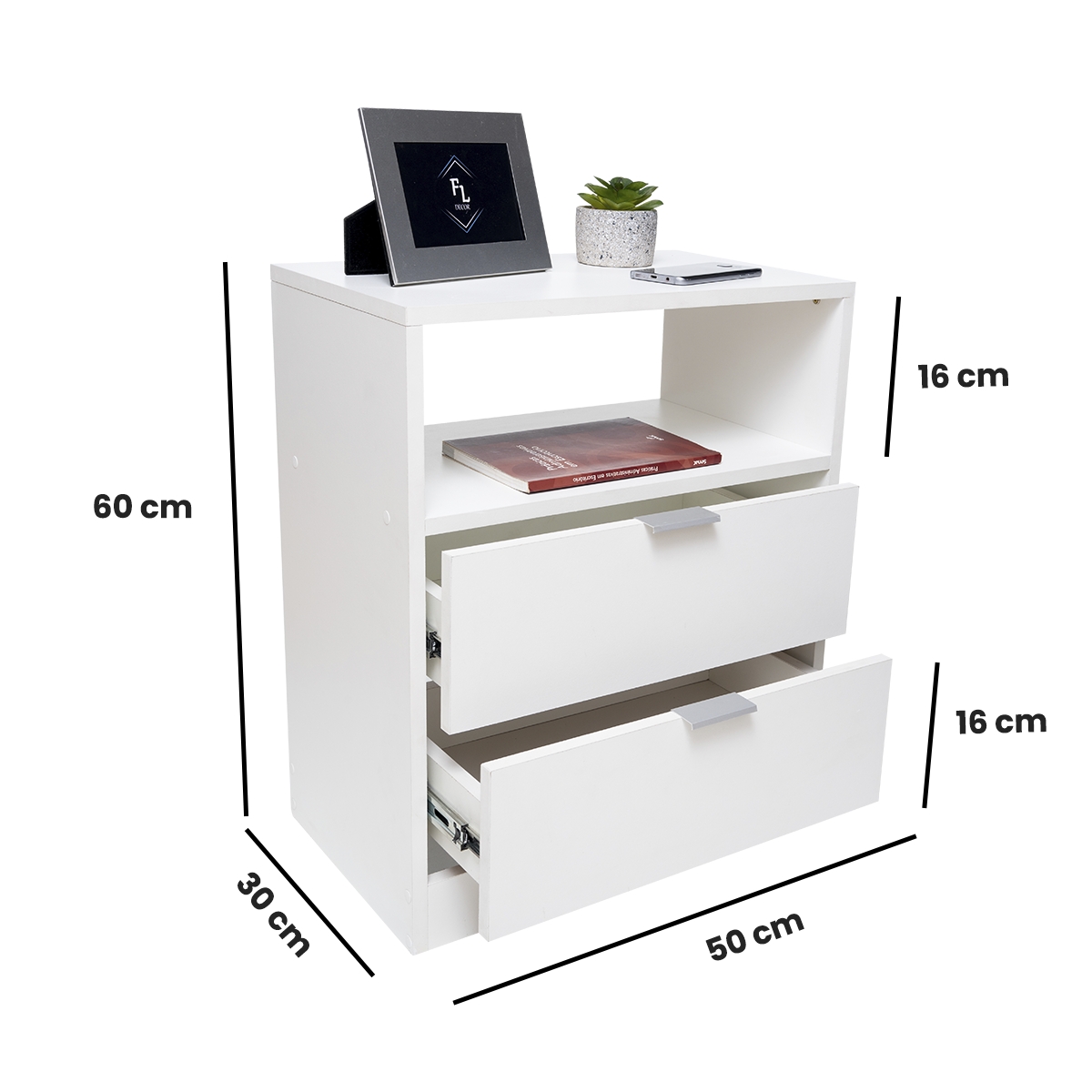 Mesa de Cabeceira Branca 50cm com 2 Gavetas e Nicho Mdf Lateral Cama