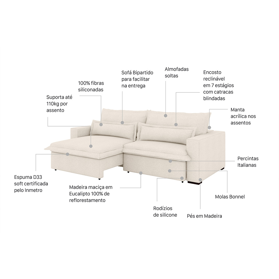 Sofá 3 Lugares Retrátil e Reclinável Bali Linho Cru 240 cm