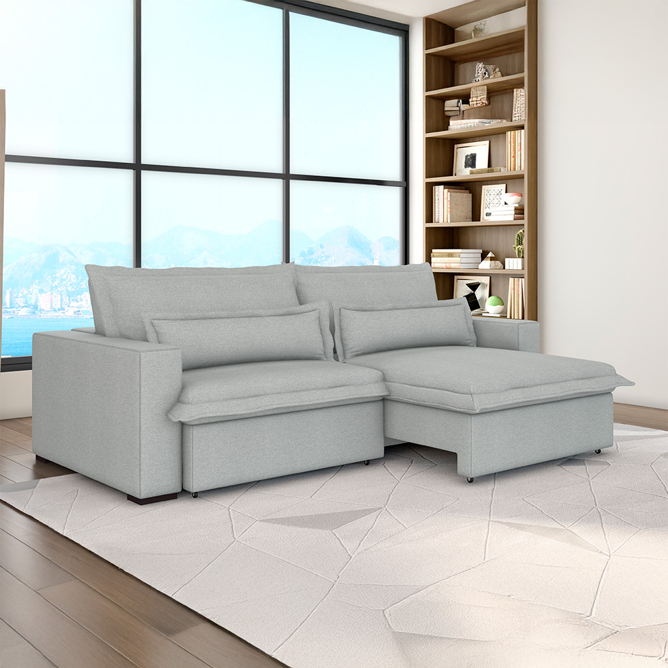 Sofá 3 Lugares Retrátil e Reclinável Bali Linho Prata 240 cm