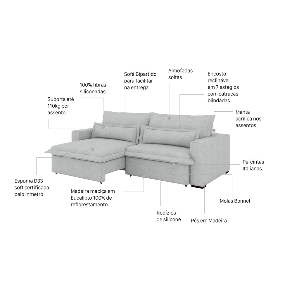 Sofá 3 Lugares Retrátil e Reclinável Bali Linho Prata 240 cm