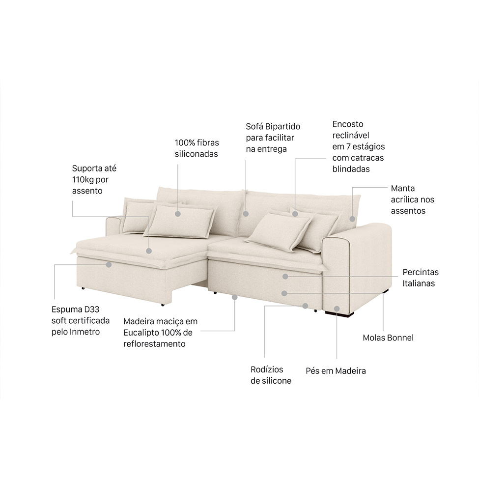 Sofá 3 Lugares Retrátil e Reclinável Belize Linho Cru 220 cm
