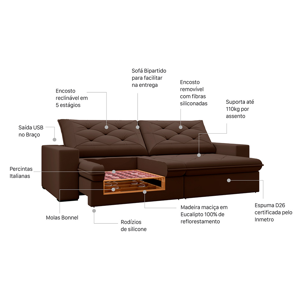 Sofá 3 Lugares Retrátil e Reclinável Flexforma Premier Veludo Chocolate 230 cm
