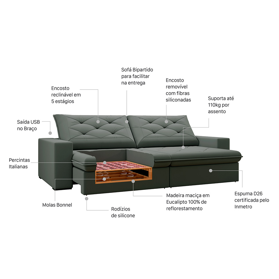Sofá 3 Lugares Retrátil e Reclinável Flexforma Premier Veludo Cinza 230 cm