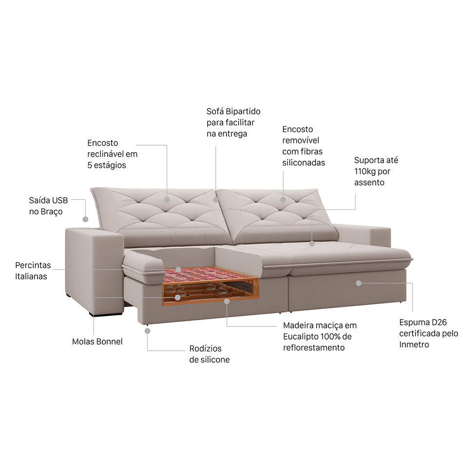Sofá 3 Lugares Retrátil e Reclinável Flexforma Premier Veludo Marfim 230 cm