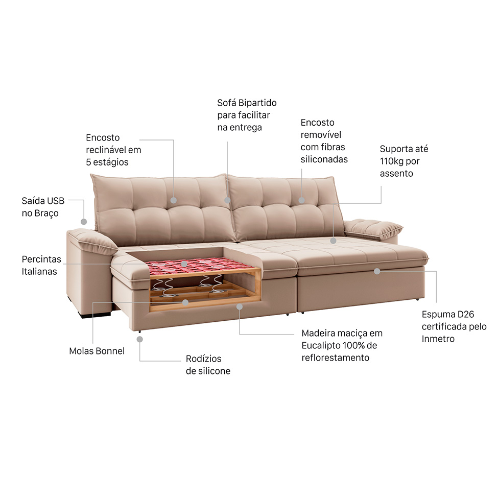 Sofá 3 Lugares Retrátil e Reclinável com USB Flexforma Triton Camurça 230 cm