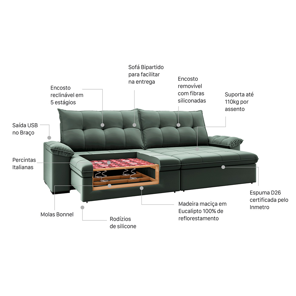 Sofá 3 Lugares Retrátil e Reclinável com USB Flexforma Triton Veludo Cinza 230 cm